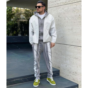 Two piece men's hooded track suit with stripped pants